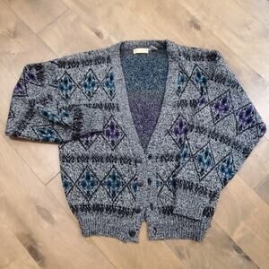 Vtg Adam Sloane Cardigan Sweater Mens L Black Multi Geometric Grandpa Retro Y2K